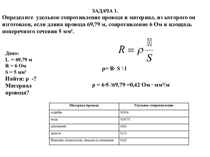 ЗАДАЧА 1. Определите удельное сопротивление провода и материал, из которого он