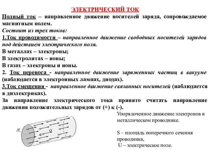 ЭЛЕКТРИЧЕСКИЙ ТОК Полный ток – направленное движение носителей заряда, сопровождаемое магнитным