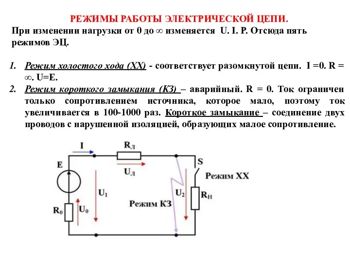 РЕЖИМЫ РАБОТЫ ЭЛЕКТРИЧЕСКОЙ ЦЕПИ. При изменении нагрузки от 0 до ∞