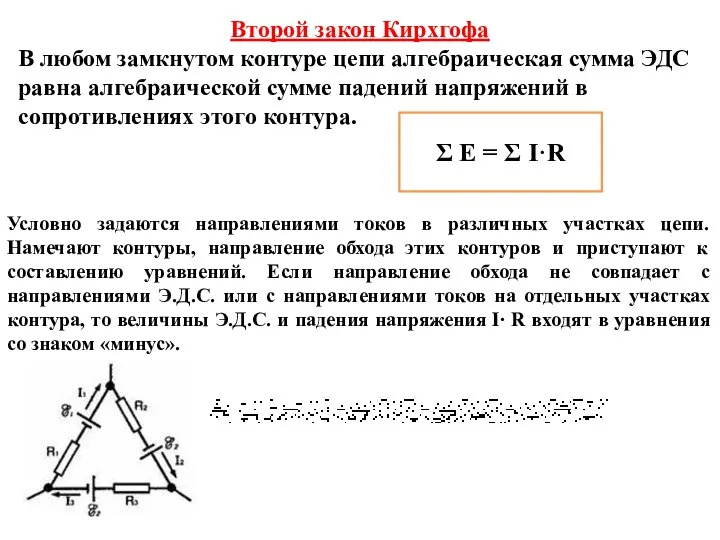 Второй закон Кирхгофа В любом замкнутом контуре цепи алгебраическая сумма ЭДС