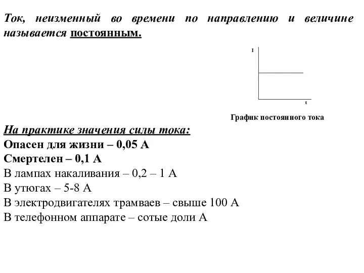 Ток, неизменный во времени по направлению и величине называется постоянным. График