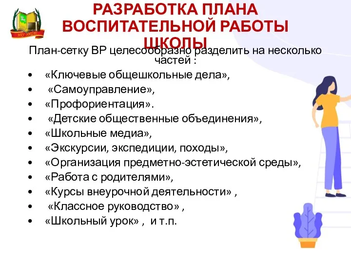 РАЗРАБОТКА ПЛАНА ВОСПИТАТЕЛЬНОЙ РАБОТЫ ШКОЛЫ План-сетку ВР целесообразно разделить на несколько