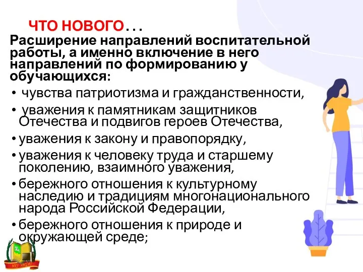 ЧТО НОВОГО… Расширение направлений воспитательной работы, а именно включение в него