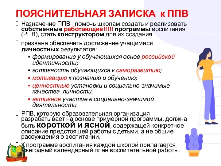 ПОЯСНИТЕЛЬНАЯ ЗАПИСКА к ППВ Назначение ППВ– помочь школам создать и реализовать