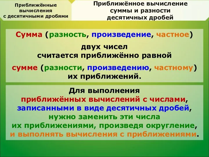 Приближённое вычисление суммы и разности десятичных дробей Сумма (разность, произведение, частное)