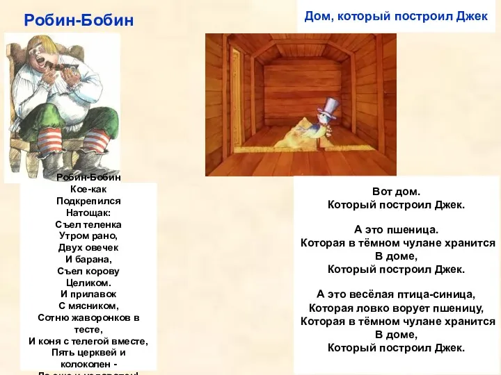 Робин-Бобин Робин-Бобин Кое-как Подкрепился Натощак: Съел теленка Утром рано, Двух овечек