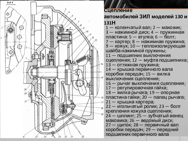 Сцепление автомобилей ЗИЛ моделей 130 и 131Н 1 — коленчатый вал;