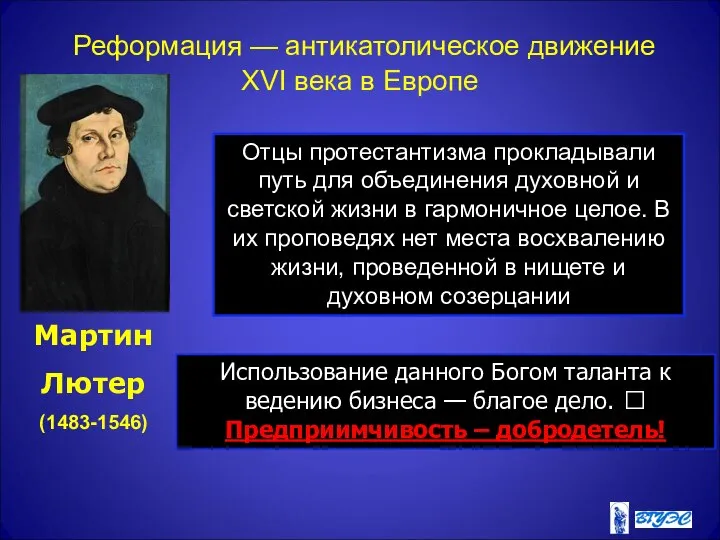 Реформация — антикатолическое движение XVI века в Европе Мартин Лютер (1483-1546)