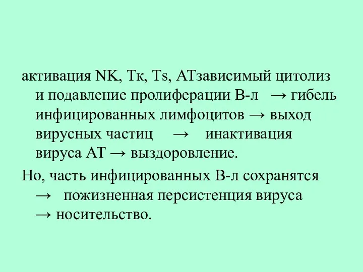 активация NK, Тк, Тs, АТзависимый цитолиз и подавление пролиферации В-л →