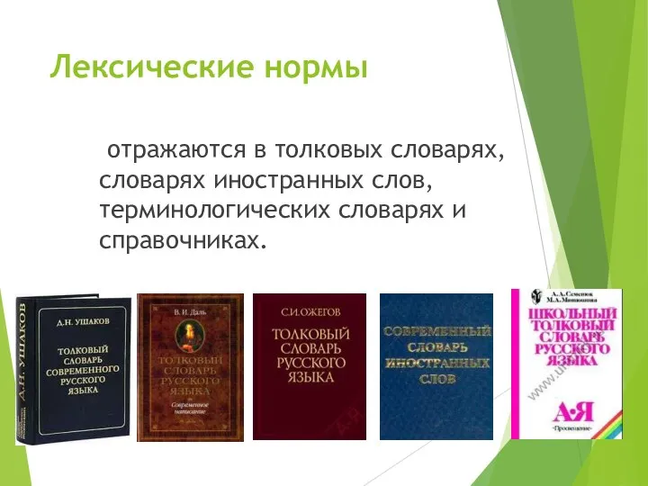 Лексические нормы отражаются в толковых словарях, словарях иностранных слов, терминологических словарях и справочниках.