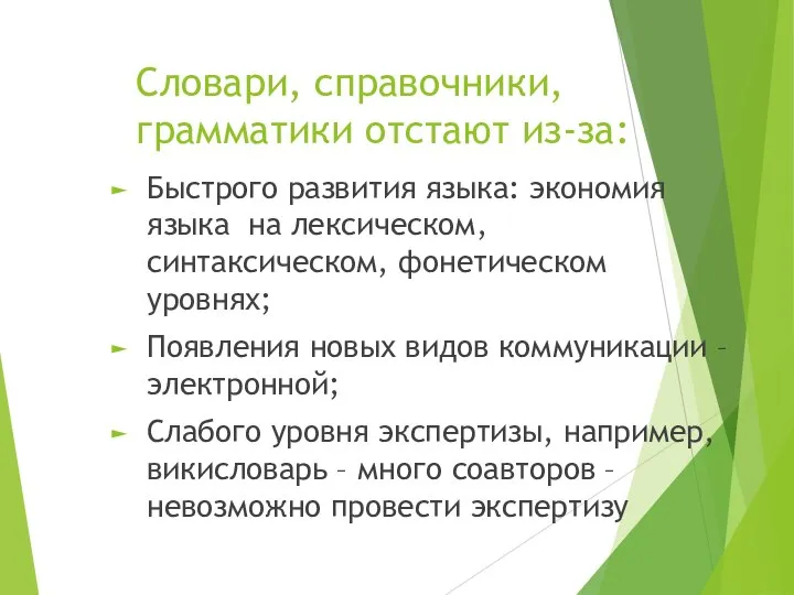 Словари, справочники, грамматики отстают из-за: Быстрого развития языка: экономия языка на