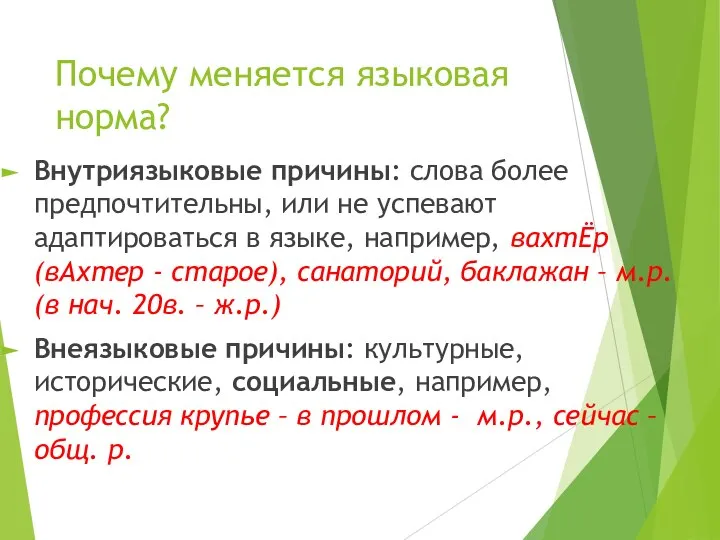 Почему меняется языковая норма? Внутриязыковые причины: слова более предпочтительны, или не