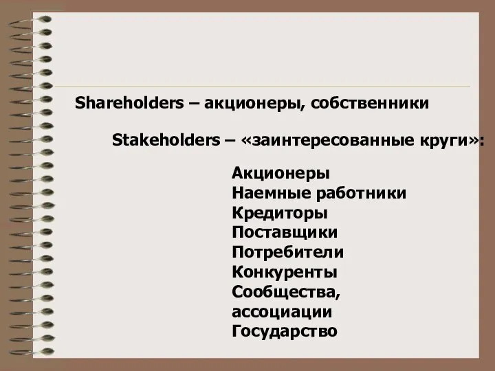 Shareholders – акционеры, собственники Акционеры Наемные работники Кредиторы Поставщики Потребители Конкуренты