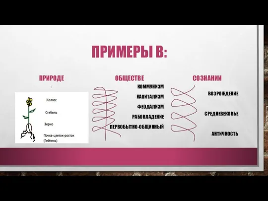 ПРИМЕРЫ В: ПРИРОДЕ . ОБЩЕСТВЕ КОММУНИЗМ КАПИТАЛИЗМ ФЕОДАЛИЗМ РАБОВЛАДЕНИЕ ПЕРВОБЫТНО-ОБЩИННЫЙ СОЗНАНИИ ВОЗРОЖДЕНИЕ СРЕДНЕВЕКОВЬЕ АНТИЧНОСТЬ