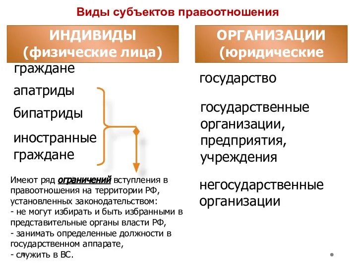 Виды субъектов правоотношения ИНДИВИДЫ (физические лица) ОРГАНИЗАЦИИ (юридические лица) граждане апатриды