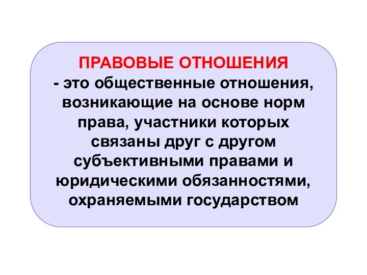 ПРАВОВЫЕ ОТНОШЕНИЯ - это общественные отношения, возникающие на основе норм права,