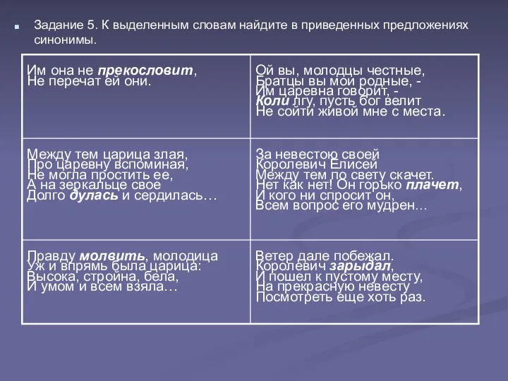 Задание 5. К выделенным словам найдите в приведенных предложениях синонимы.