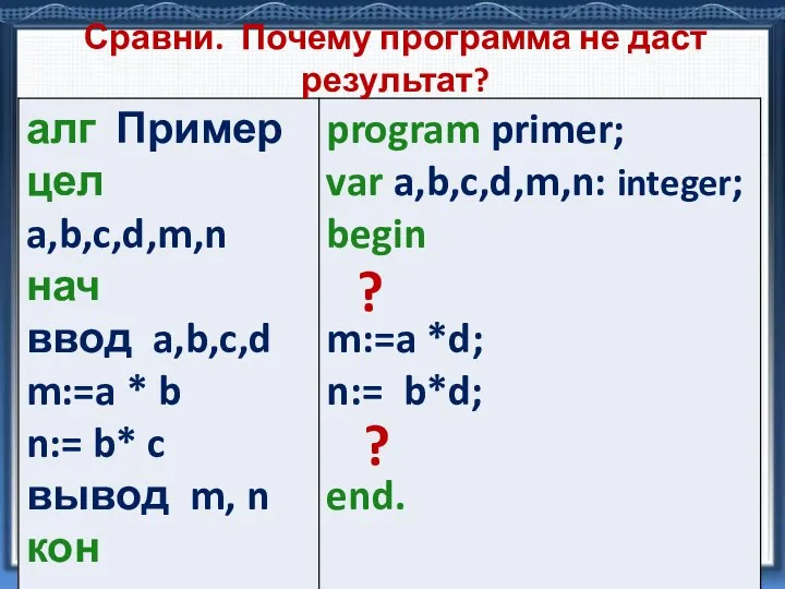 Сравни. Почему программа не даст результат? ? ?