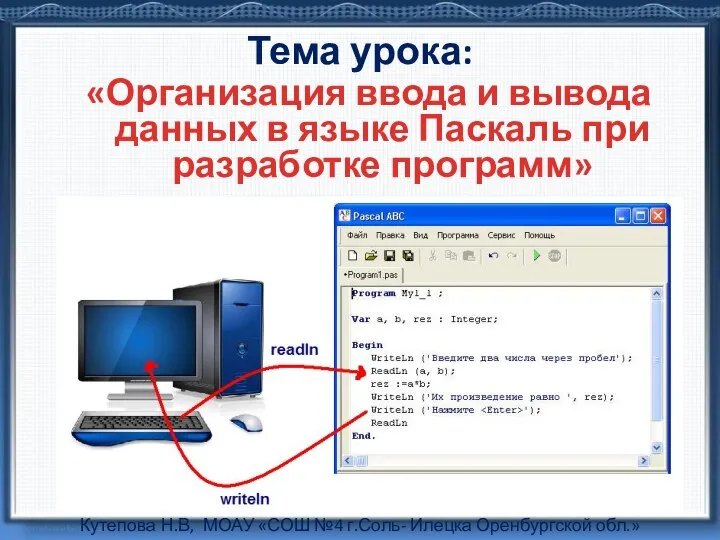 Тема урока: «Организация ввода и вывода данных в языке Паскаль при
