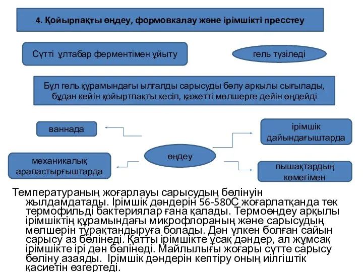 Температураның жоғарлауы сарысудың бөлінуін жылдамдатады. Ірімшік дәндерін 56-580С жоғарлатқанда тек термофильді