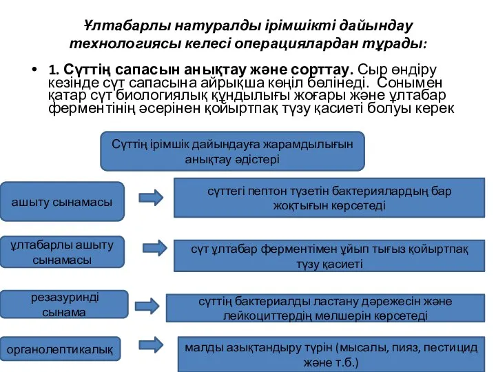 Ұлтабарлы натуралды ірімшікті дайындау технологиясы келесі операциялардан тұрады: 1. Сүттің сапасын