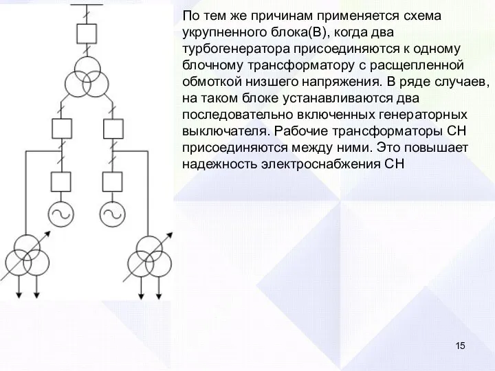 По тем же причинам применяется схема укрупненного блока(В), когда два турбогенератора