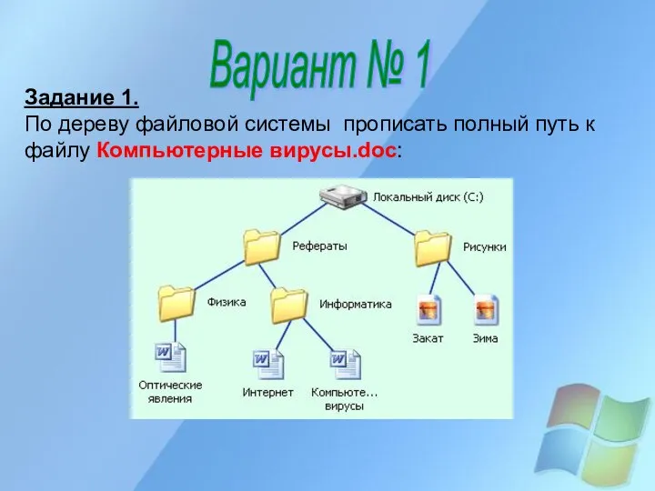 Вариант № 1 Задание 1. По дереву файловой системы прописать полный путь к файлу Компьютерные вирусы.doc: