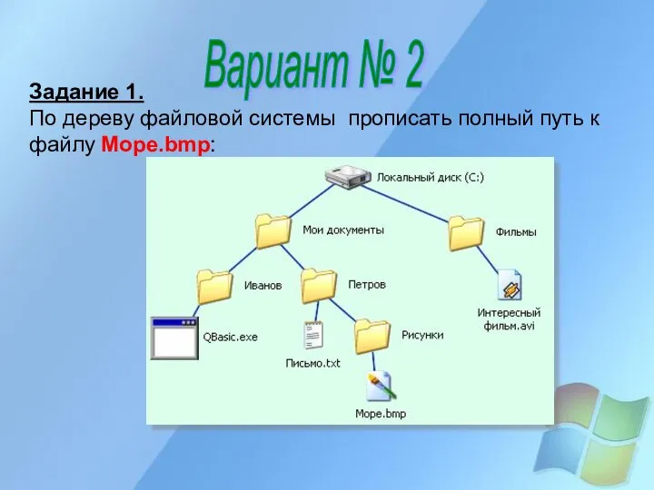 Вариант № 2 Задание 1. По дереву файловой системы прописать полный путь к файлу Море.bmp: