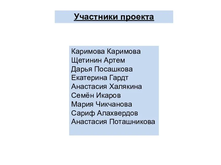 Участники проекта Каримова Каримова Щетинин Артем Дарья Посашкова Екатерина Гардт Анастасия