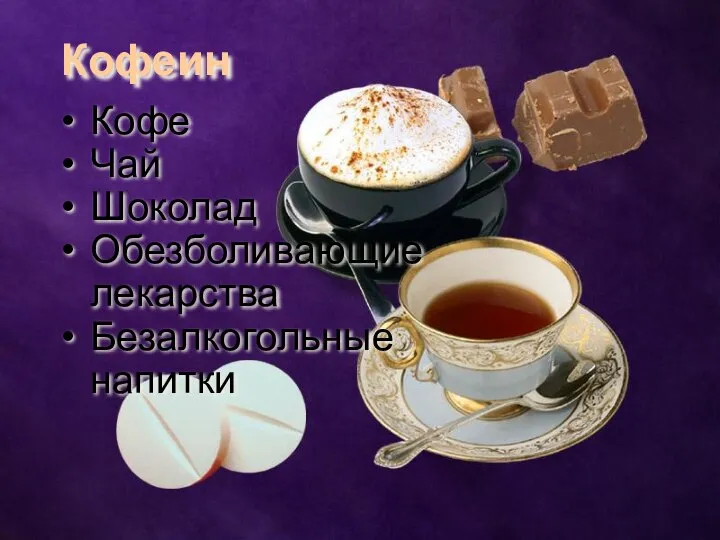 Кофеин Кофе Чай Шоколад Обезболивающие лекарства Безалкогольные напитки