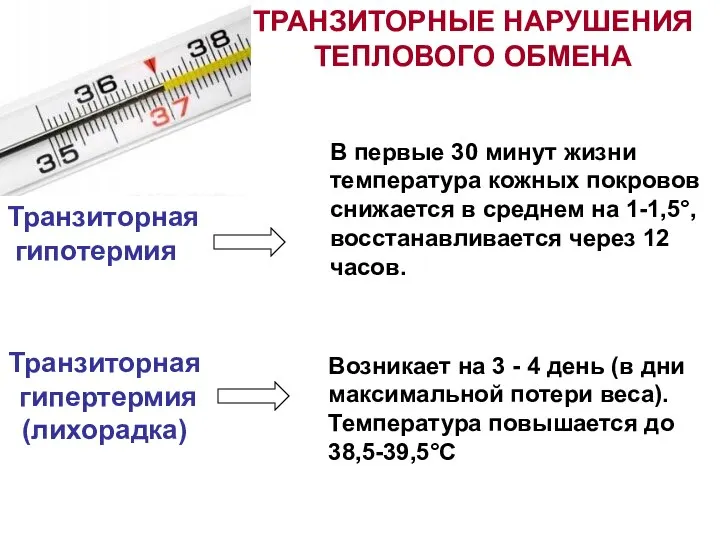 ТРАНЗИТОРНЫЕ НАРУШЕНИЯ ТЕПЛОВОГО ОБМЕНА Транзиторная гипотермия В первые 30 минут жизни