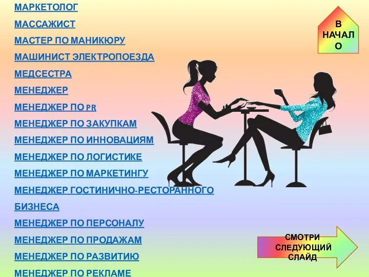 МАРКЕТОЛОГ МАССАЖИСТ МАСТЕР ПО МАНИКЮРУ МАШИНИСТ ЭЛЕКТРОПОЕЗДА МЕДСЕСТРА МЕНЕДЖЕР МЕНЕДЖЕР ПО