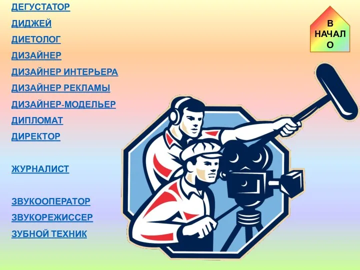 ДЕГУСТАТОР ДИДЖЕЙ ДИЕТОЛОГ ДИЗАЙНЕР ДИЗАЙНЕР ИНТЕРЬЕРА ДИЗАЙНЕР РЕКЛАМЫ ДИЗАЙНЕР-МОДЕЛЬЕР ДИПЛОМАТ ДИРЕКТОР