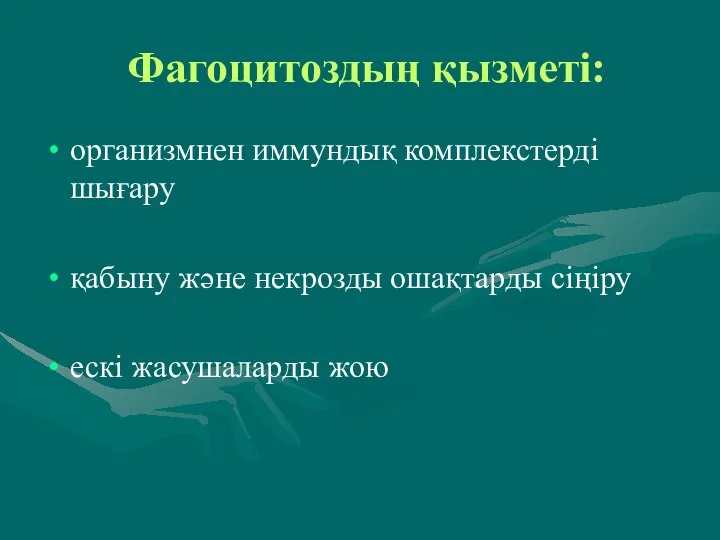 Фагоцитоздың қызметі: организмнен иммундық комплекстерді шығару қабыну және некрозды ошақтарды сіңіру ескі жасушаларды жою