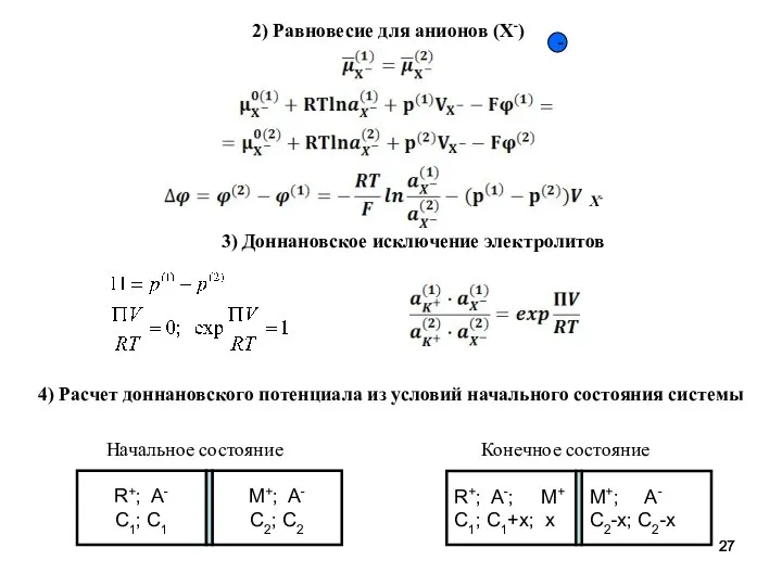 2) Равновесие для анионов (X-) - 4) Расчет доннановского потенциала из
