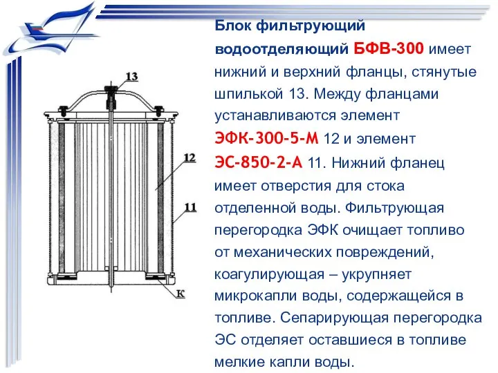 Блок фильтрующий водоотделяющий БФВ-300 имеет нижний и верхний фланцы, стянутые шпилькой