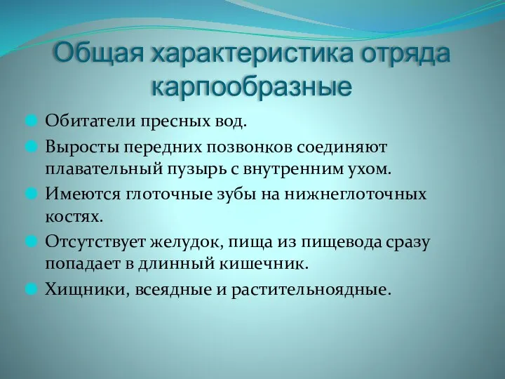 Общая характеристика отряда карпообразные Обитатели пресных вод. Выросты передних позвонков соединяют