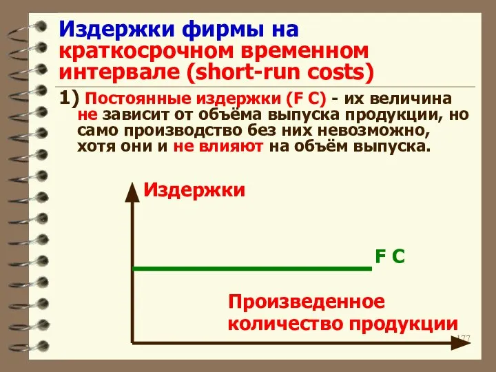 Издержки фирмы на краткосрочном временном интервале (short-run costs) 1) Постоянные издержки