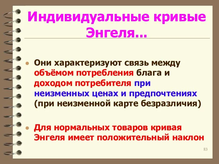 Индивидуальные кривые Энгеля... Они характеризуют связь между объёмом потребления блага и