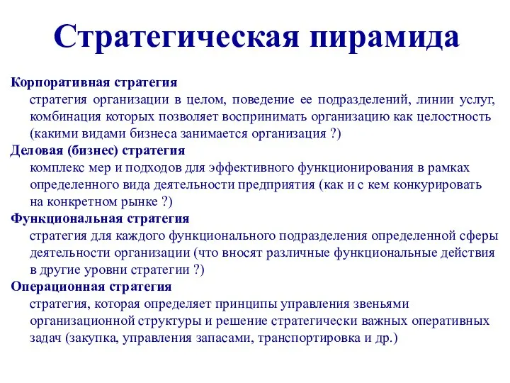 Стратегическая пирамида Корпоративная стратегия стратегия организации в целом, поведение ее подразделений,