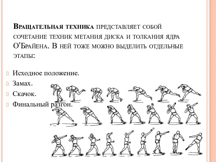 Вращательная техника представляет собой сочетание техник метания диска и толкания ядра