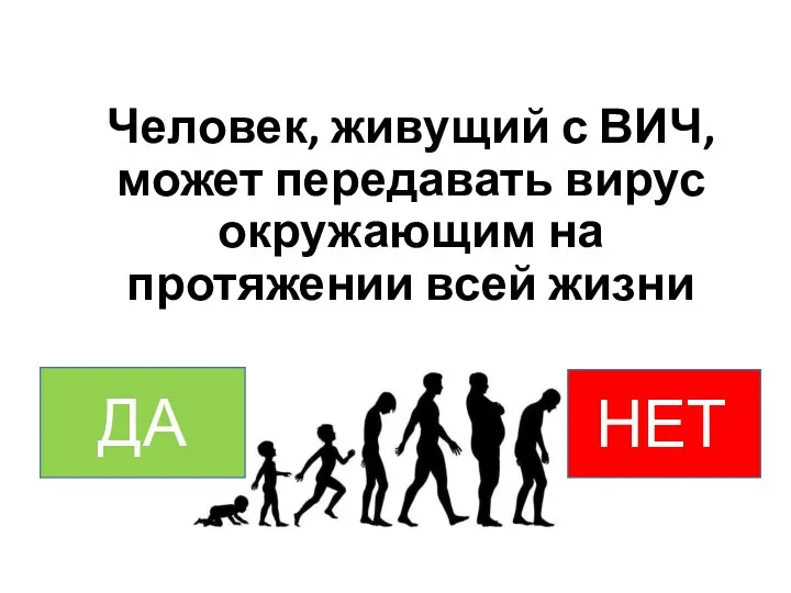 Человек, живущий с ВИЧ, может передавать вирус окружающим на протяжении всей жизни НЕТт ДА