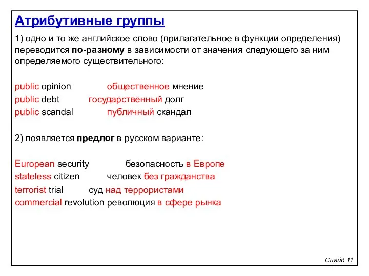 Слайд 11 1) одно и то же английское слово (прилагательное в