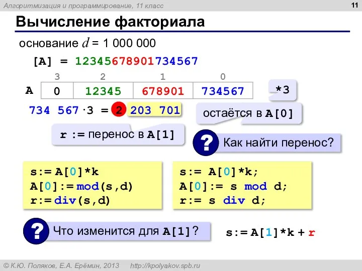 Вычисление факториала основание d = 1 000 000 [A] = 12345678901734567