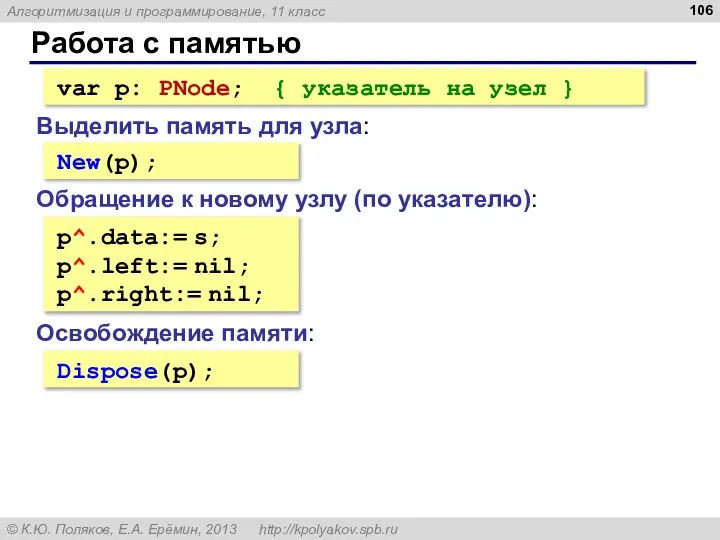 Работа с памятью Выделить память для узла: var p: PNode; {