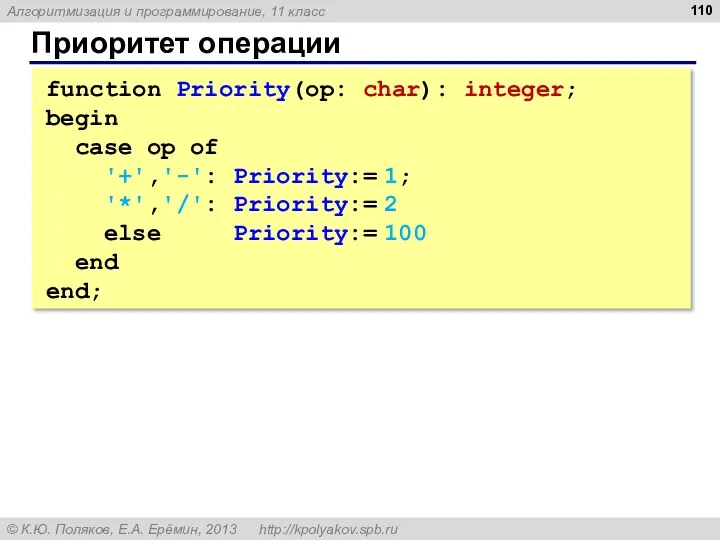 Приоритет операции function Priority(op: char): integer; begin case op of '+','-':
