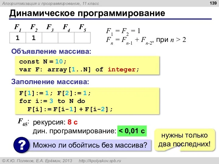 Динамическое программирование Объявление массива: const N = 10; var F: array[1..N]