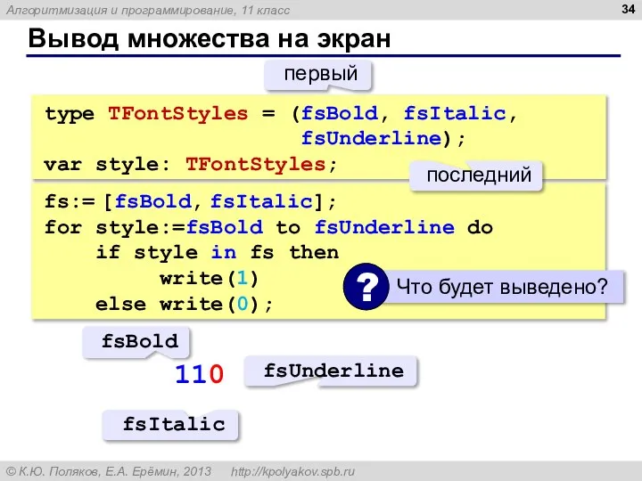 Вывод множества на экран type TFontStyles = (fsBold, fsItalic, fsUnderline); var