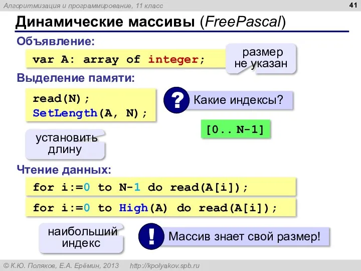 Динамические массивы (FreePascal) Объявление: var A: array of integer; размер не