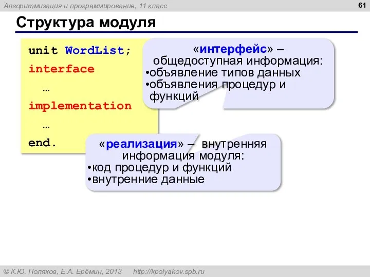 Структура модуля unit WordList; interface … implementation … end. «интерфейс» –
